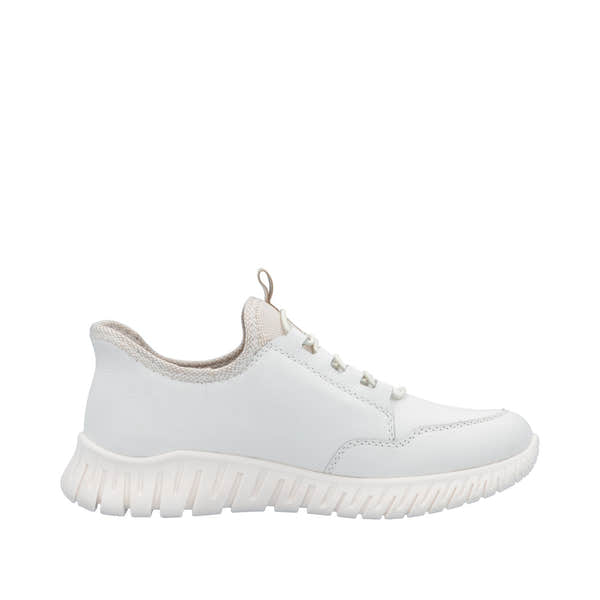 Rieker M5357-80 women's wide-fit beige and white leather elasticated trainers with chunky sole.