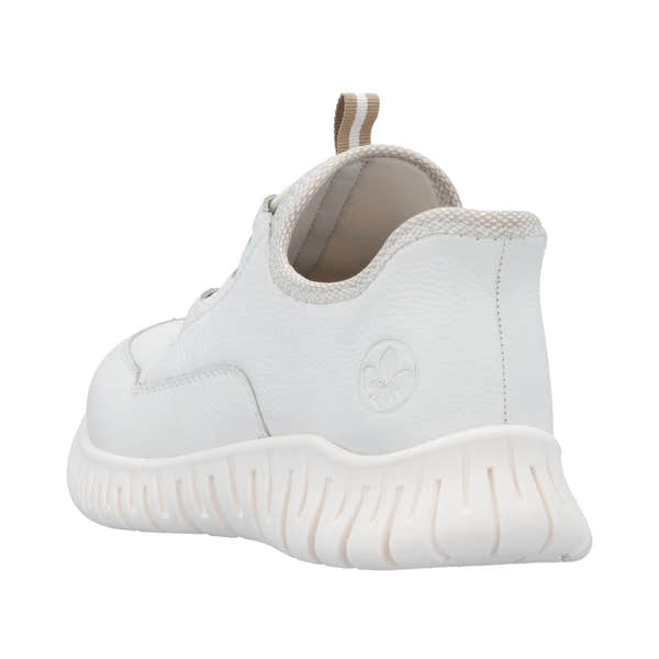 Rieker M5357-80 women's wide-fit beige and white leather elasticated trainers with chunky sole.