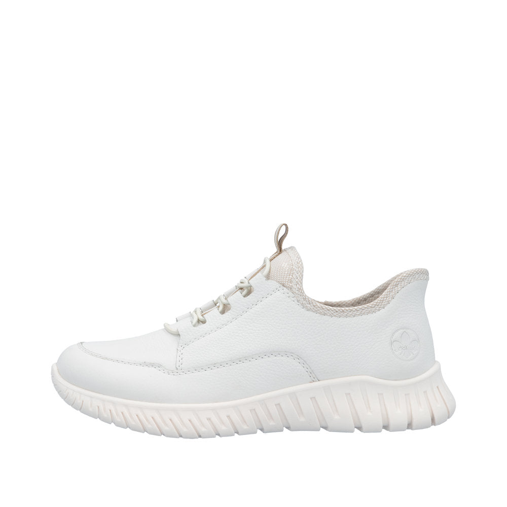Rieker M5357-80 women's wide-fit beige and white leather elasticated trainers with chunky outsole.