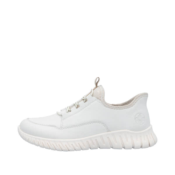 Rieker M5357-80 women's wide-fit beige and white leather elasticated trainers with chunky outsole.