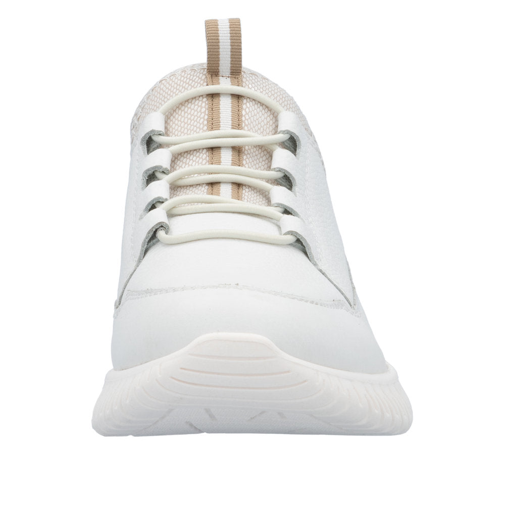 Rieker M5357-80 ladies wide fit beige and white leather elasticated trainers, sporty casual footwear.