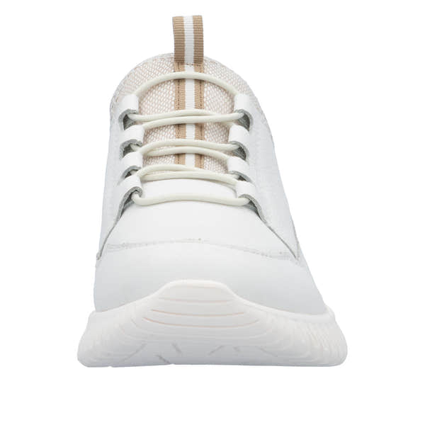 Rieker M5357-80 ladies wide fit beige and white leather elasticated trainers, sporty casual footwear.