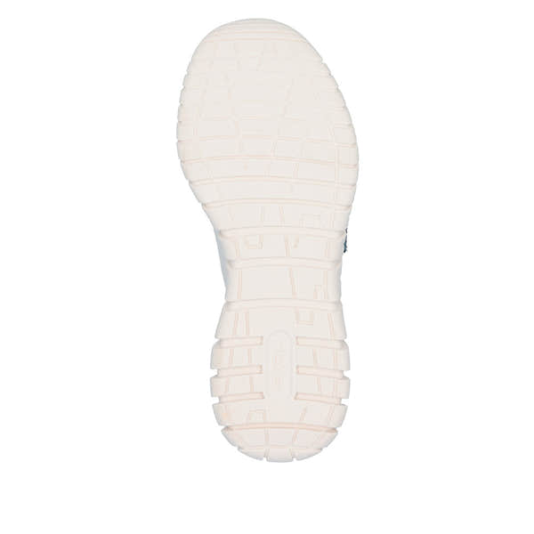 Rieker M5357-80 ladies wide fit beige and white leather elasticated trainers with cushioned sole.