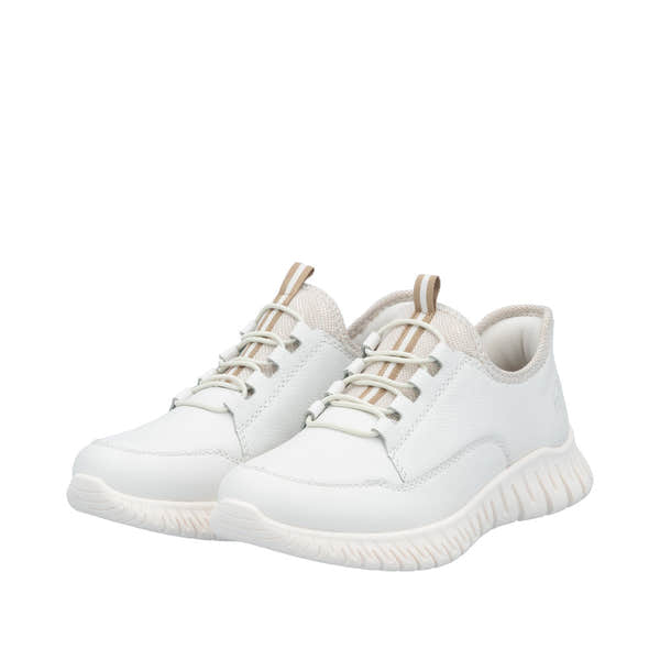 Rieker M5357-80 Women's Wide Beige & White Leather Elasticated Trainers, comfortable casual sneakers.