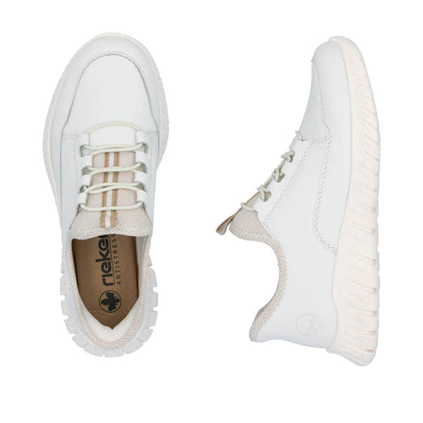 Rieker M5357-80 ladies' wide-fit beige and white leather elasticated trainers, lightweight casual sneakers with cushioned sole.