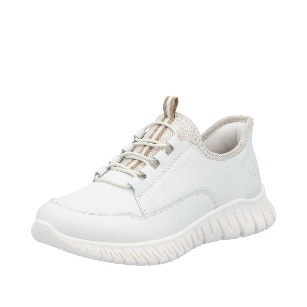 Rieker M5357-80 women's wide-fit beige and white leather elasticated trainers with comfortable sporty design.