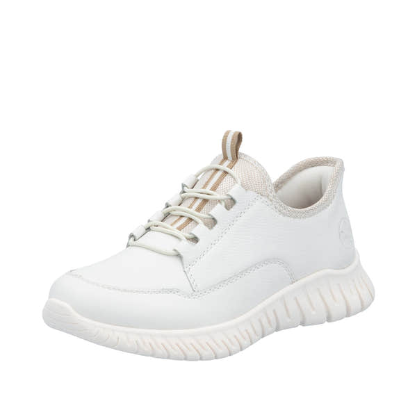 Rieker M5357-80 women's wide-fit beige and white leather elasticated trainers with comfortable sporty design.