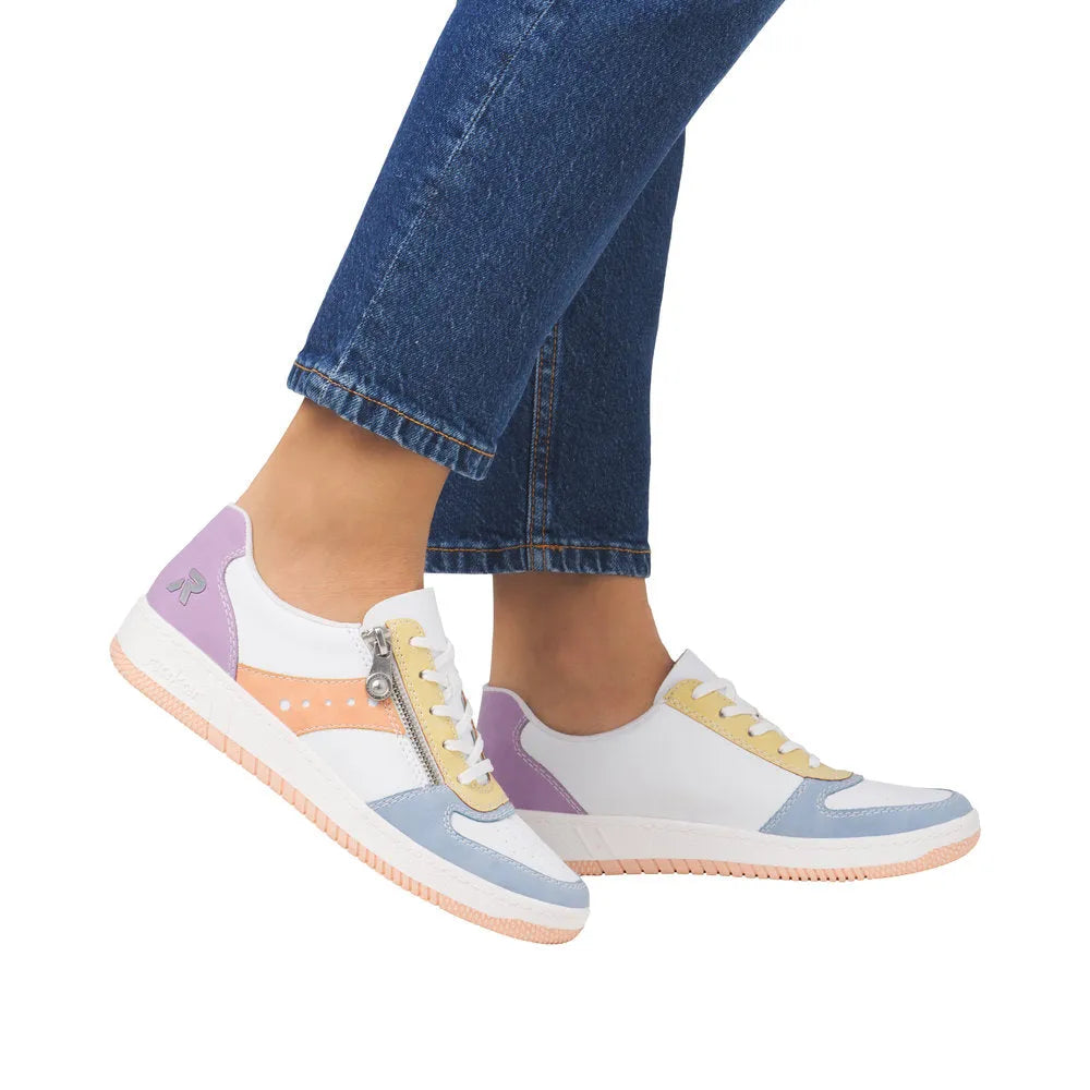 Rieker M5520-91 women's multi-color zip and lace casual trainers, stylish and comfortable sneakers with pastel accents.