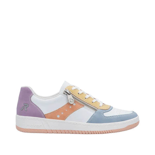 Rieker M5520-91 Ladies Multi-Color Lace & Zip Trainers with pastel accents, white sole, and side zipper detail.