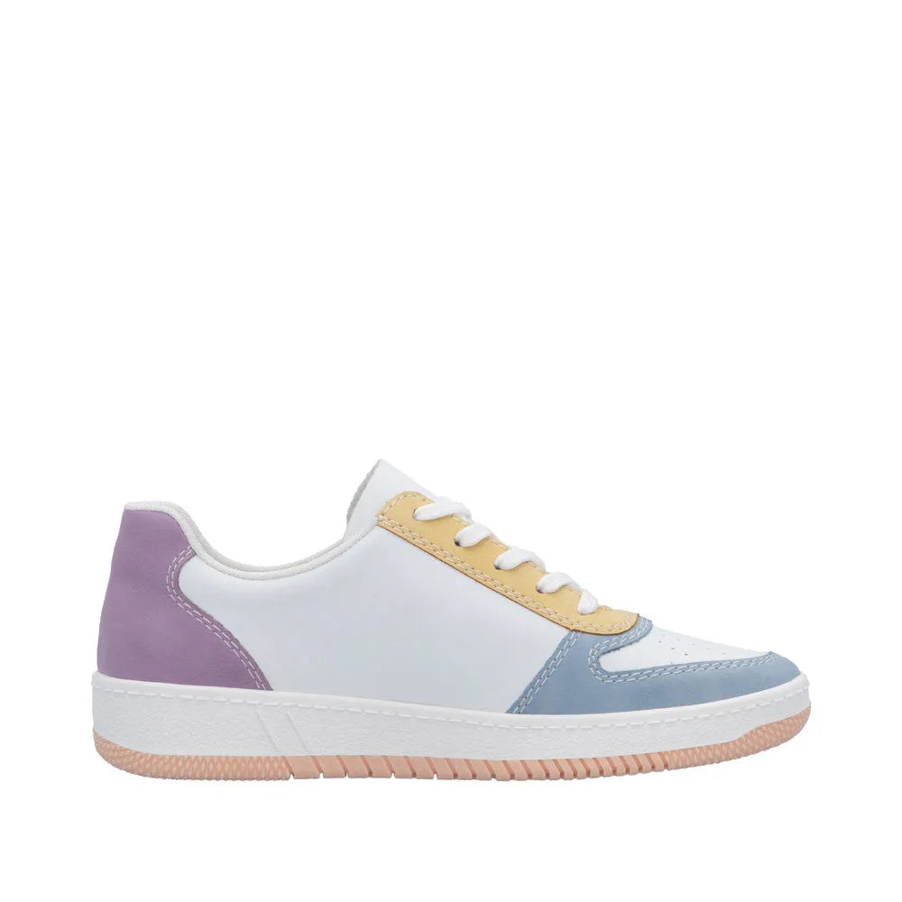 Rieker M5520-91 women's multi-color lace-up trainers with zip, featuring pastel purple, yellow, blue accents, and comfort sole.