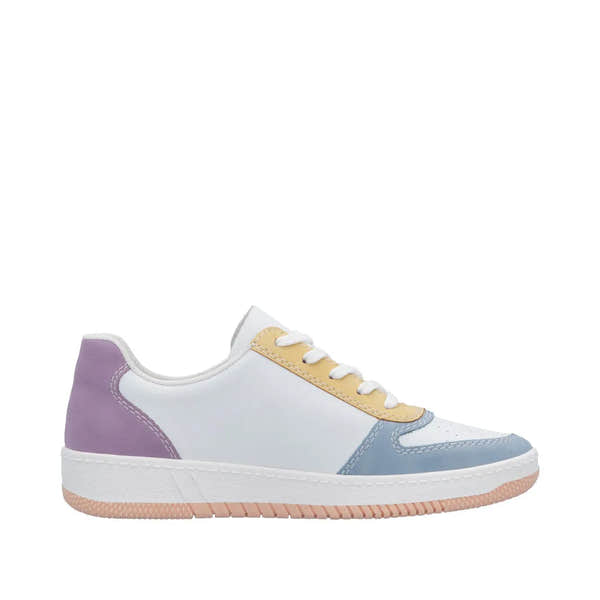 Rieker M5520-91 women's multi-color lace-up trainers with zip, featuring pastel purple, yellow, blue accents, and comfort sole.