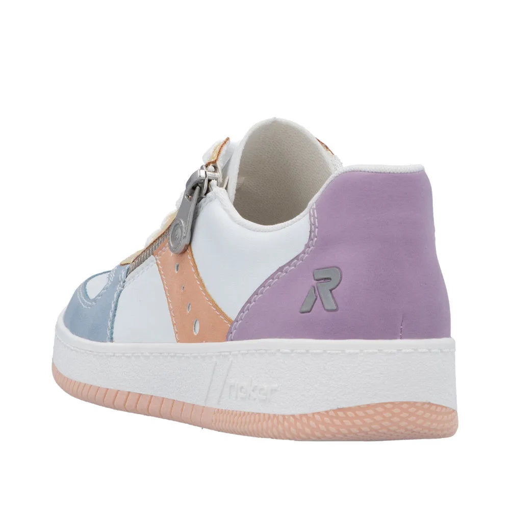 Rieker M5520-91 women's multi-color lace-up trainers with zip, featuring pastel purple, peach, blue, and white accents and comfortable sole.