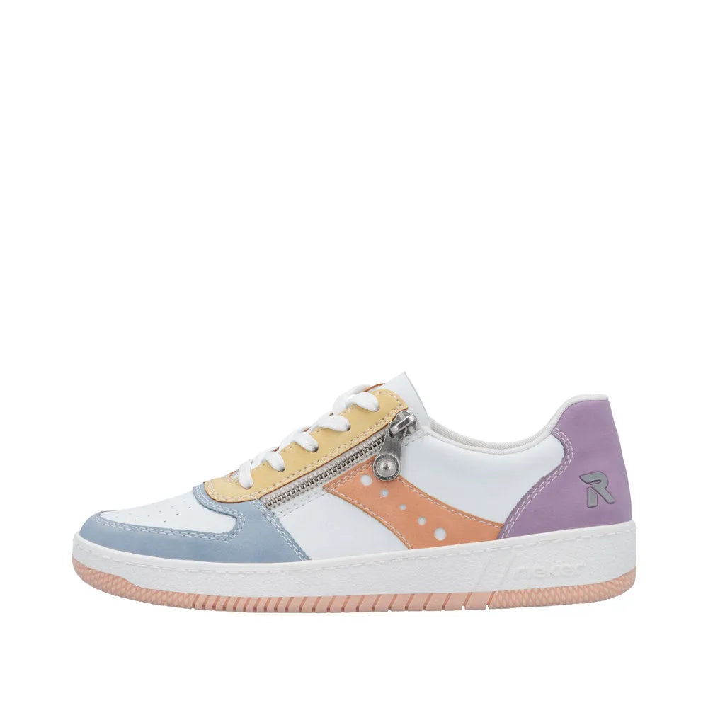 Rieker M5520-91 women's colorful lace-up trainers with multi-zip details, pastel accents, and cushioned sole.