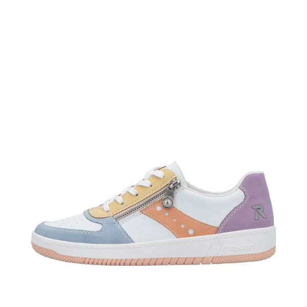 Rieker M5520-91 women's colorful lace-up trainers with multi-zip details, pastel accents, and cushioned sole.