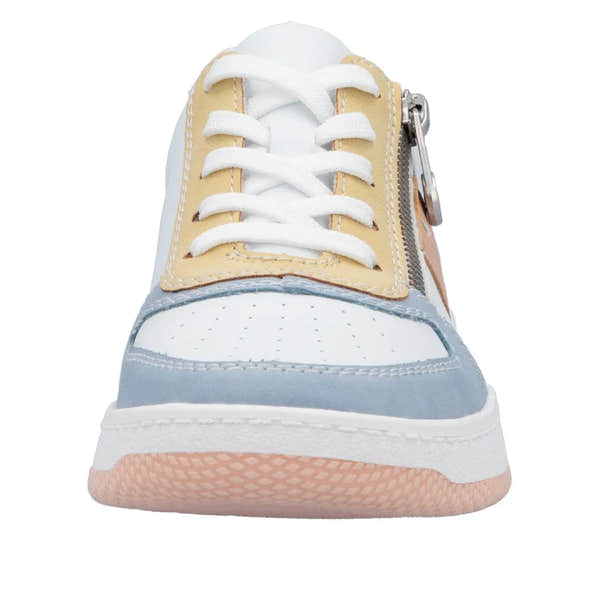 Rieker M5520-91 ladies multicolor trainers with lace-up front and side zip, featuring pastel yellow, blue, peach, and white accents.