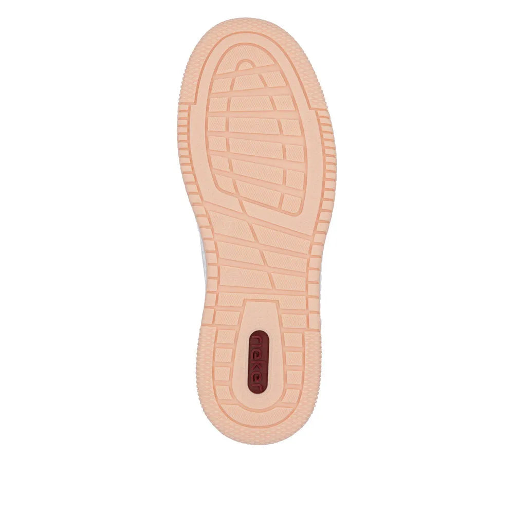 Rieker M5520-91 ladies multi zip and lace trainers with a pink outsole and cushioned sole for comfort.