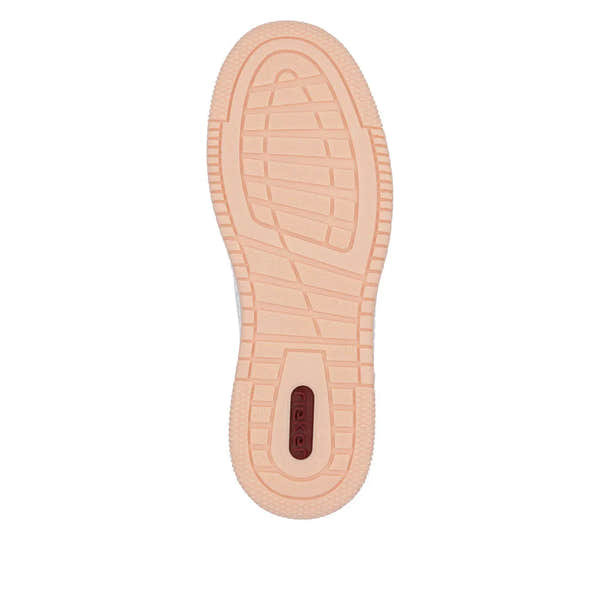 Rieker M5520-91 ladies multi zip and lace trainers with a pink outsole and cushioned sole for comfort.