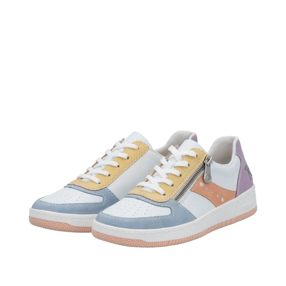 Rieker M5520-91 women's multi-color trainers with lace-up, side zipper, and pastel color block design.