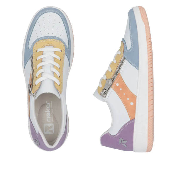 Rieker M5520-91 Ladies colorful lace-up trainers with multi-zip design, pastel color blocks, and rubber sole.