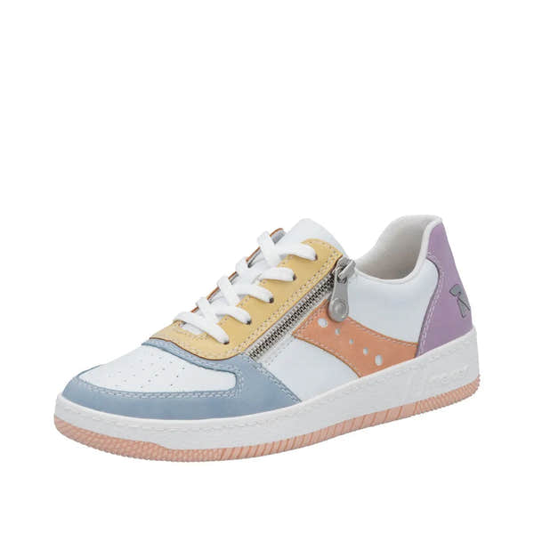 Rieker M5520-91 ladies' pastel multi-zip and lace sneaker with color-block design, side zipper, and cushioned sole.