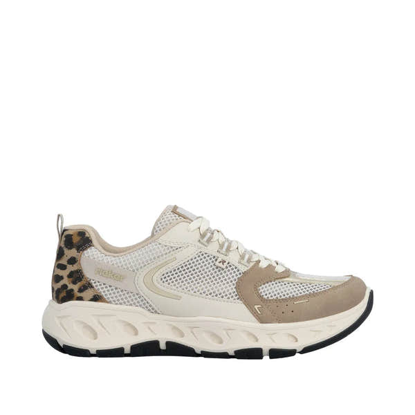 Rieker M6501-60 ladies wide brown/beige lace-up trainers with mesh, suede, and leopard-print accents, chunky white sole.
