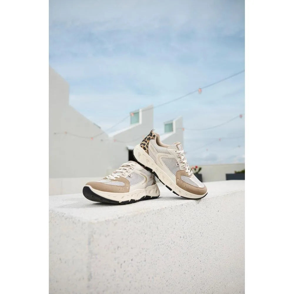 Rieker M6501-60 ladies wide fit brown/beige textile lace-up trainers, with mesh detailing and leopard print accents.