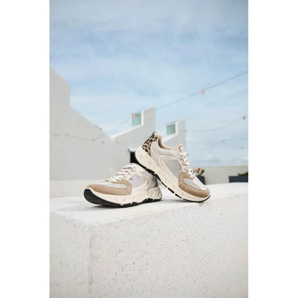 Rieker M6501-60 ladies wide fit brown/beige textile lace-up trainers, with mesh detailing and leopard print accents.