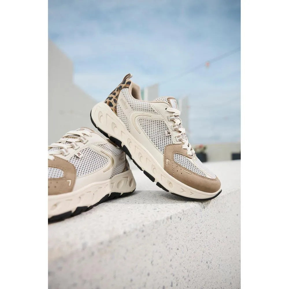 Rieker M6501-60 women's wide fit beige and brown mesh lace-up trainers with chunky rubber soles and leopard print accents.