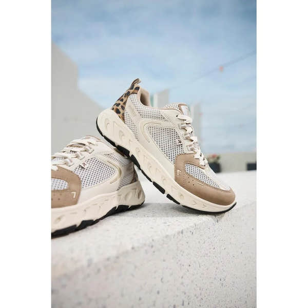 Rieker M6501-60 women's wide fit beige and brown mesh lace-up trainers with chunky rubber soles and leopard print accents.