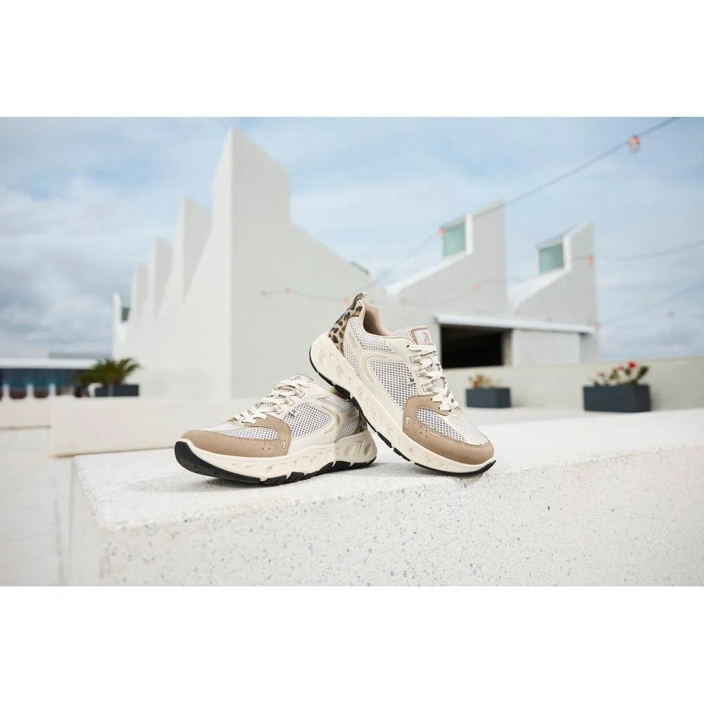 Rieker M6501-60 beige and brown textile lace-up trainers with mesh details, chunky soles, and leopard print accents.