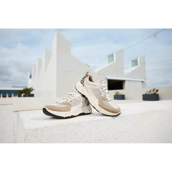 Rieker M6501-60 beige and brown textile lace-up trainers with mesh details, chunky soles, and leopard print accents.