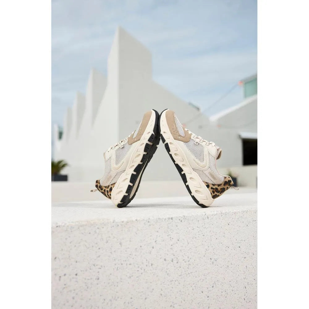 Rieker M6501-60 ladies wide fit beige and brown textile lace-up trainers with leopard print accents and thick black sole.