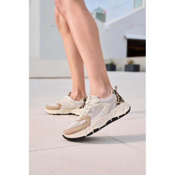 Rieker M6501-60 ladies wide fit beige and brown textile lace-up trainers with leopard print accent on heel.