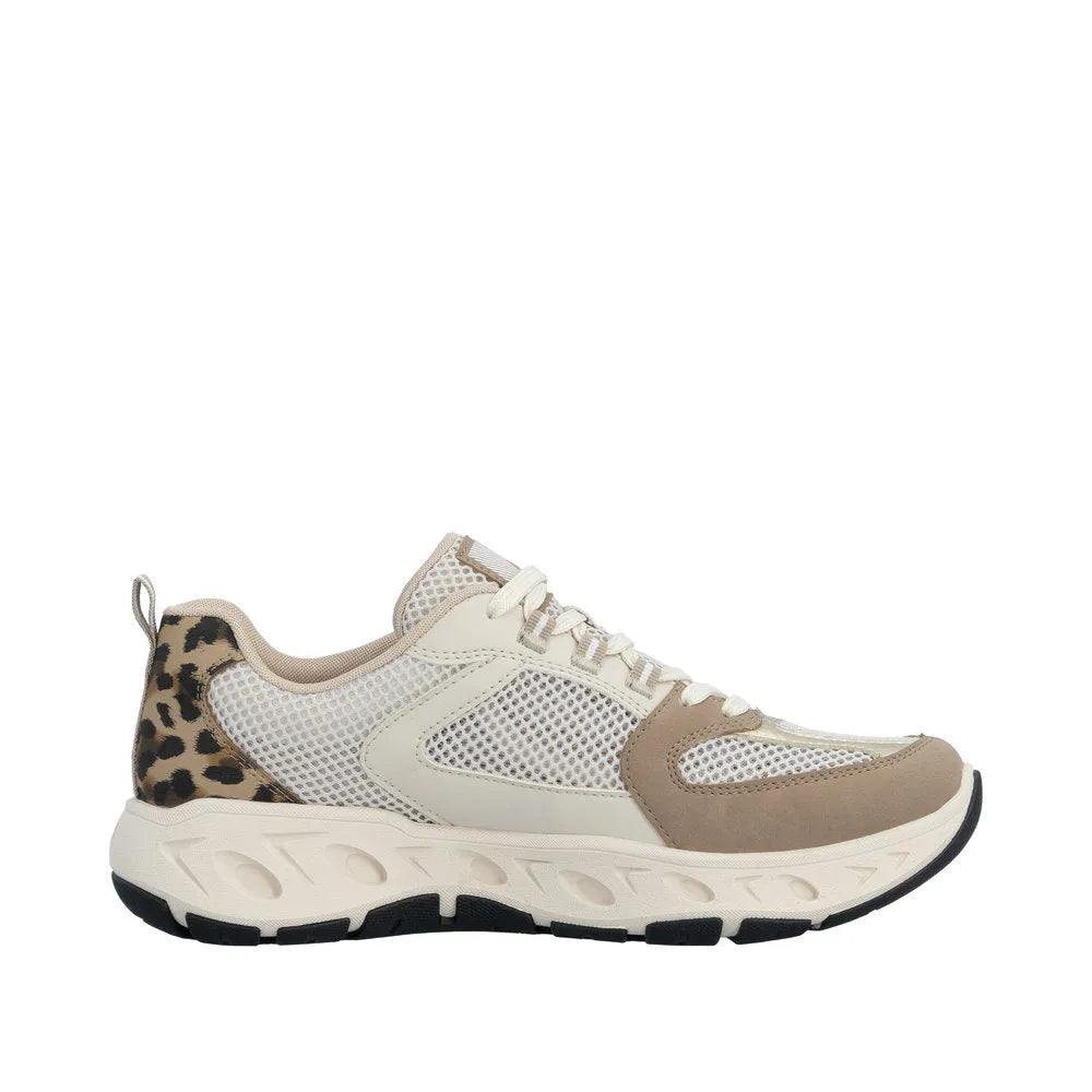Rieker M6501-60 ladies wide fit beige/cream textile lace-up trainers with leopard print accents, mesh panels, and chunky sole.