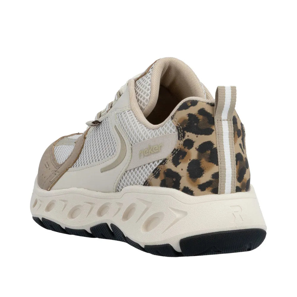 Rieker M6501-60 women’s wide beige and brown textile lace-up trainers with leopard-print heel detail and chunky sole.