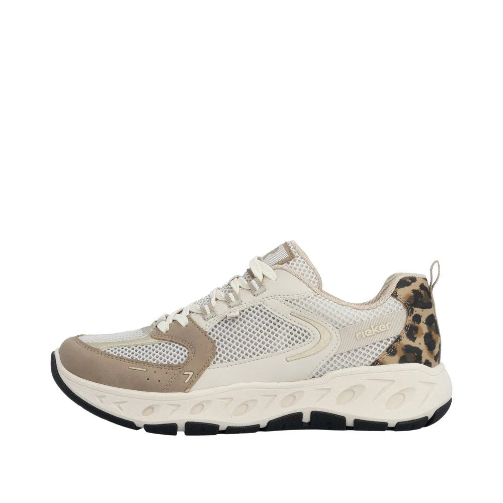 Rieker M6501-60 ladies wide beige/white textile lace-up trainers with leopard print accents and chunky sole.