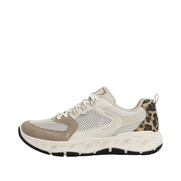 Rieker M6501-60 ladies wide beige/white textile lace-up trainers with leopard print accents and chunky sole.
