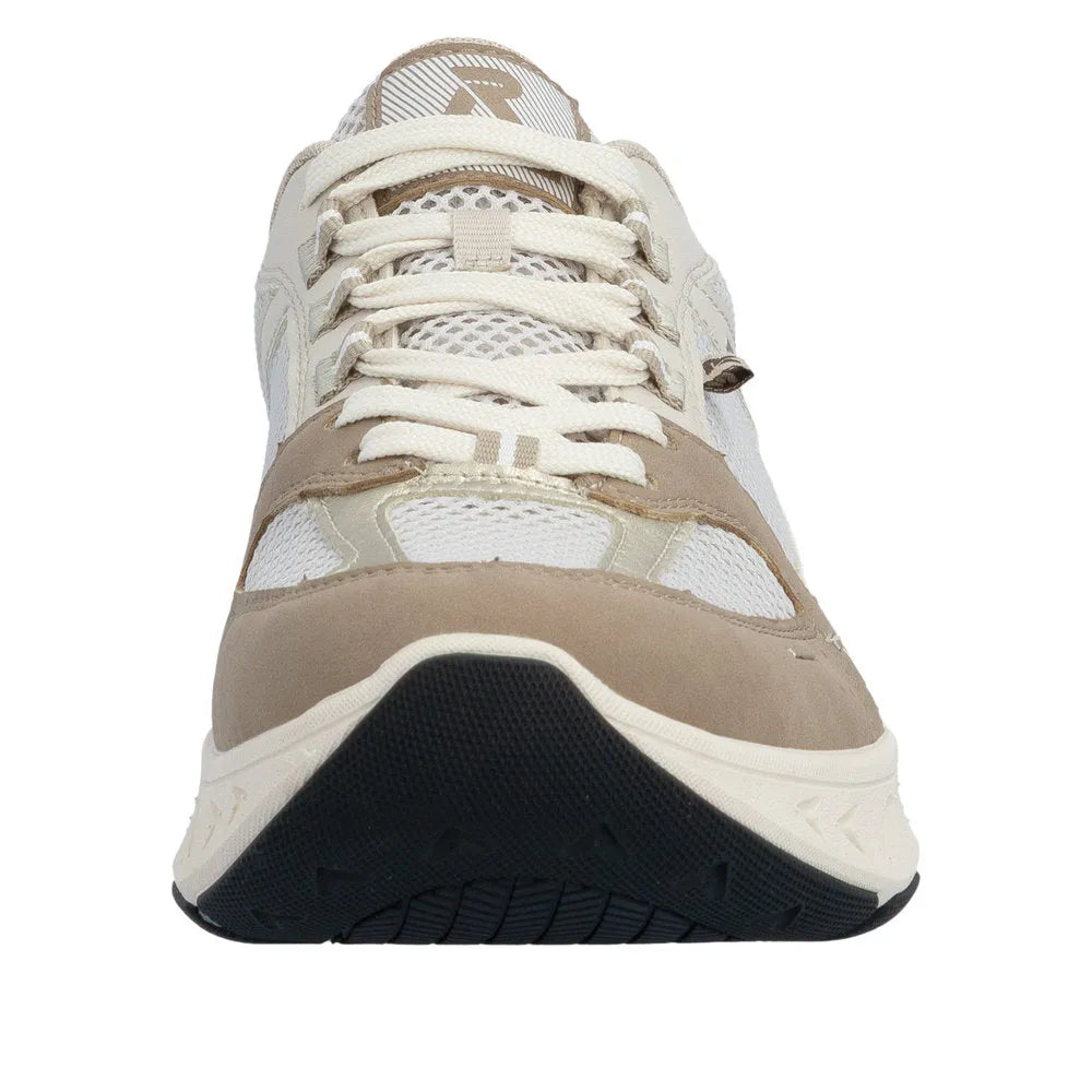 Rieker M6501-60 ladies wide brown/beige textile lace-up trainers with mesh and synthetic overlays, front view.