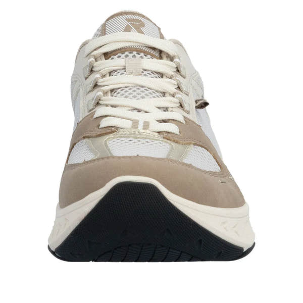 Rieker M6501-60 ladies wide brown/beige textile lace-up trainers with mesh and synthetic overlays, front view.