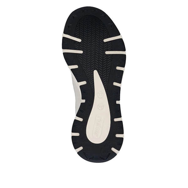 Black and white textured sneaker sole with tread pattern, designed for Rieker M6501-60 ladies' wide brown/beige lace-up trainers.