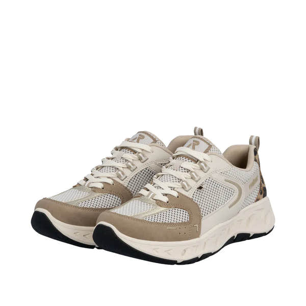 Rieker M6501-60 ladies wide brown/beige textile lace-up trainers with mesh panels and chunky white sole.