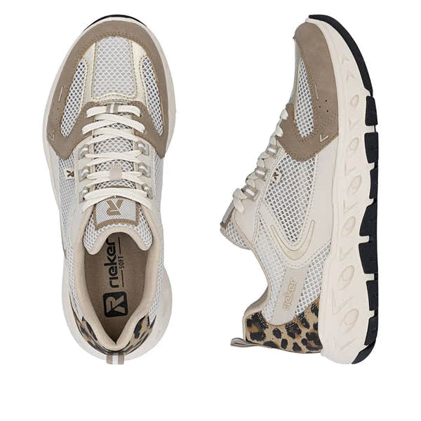 Rieker M6501-60 ladies wide fit beige and brown textile lace-up trainers with a chunky sole and animal print accent.