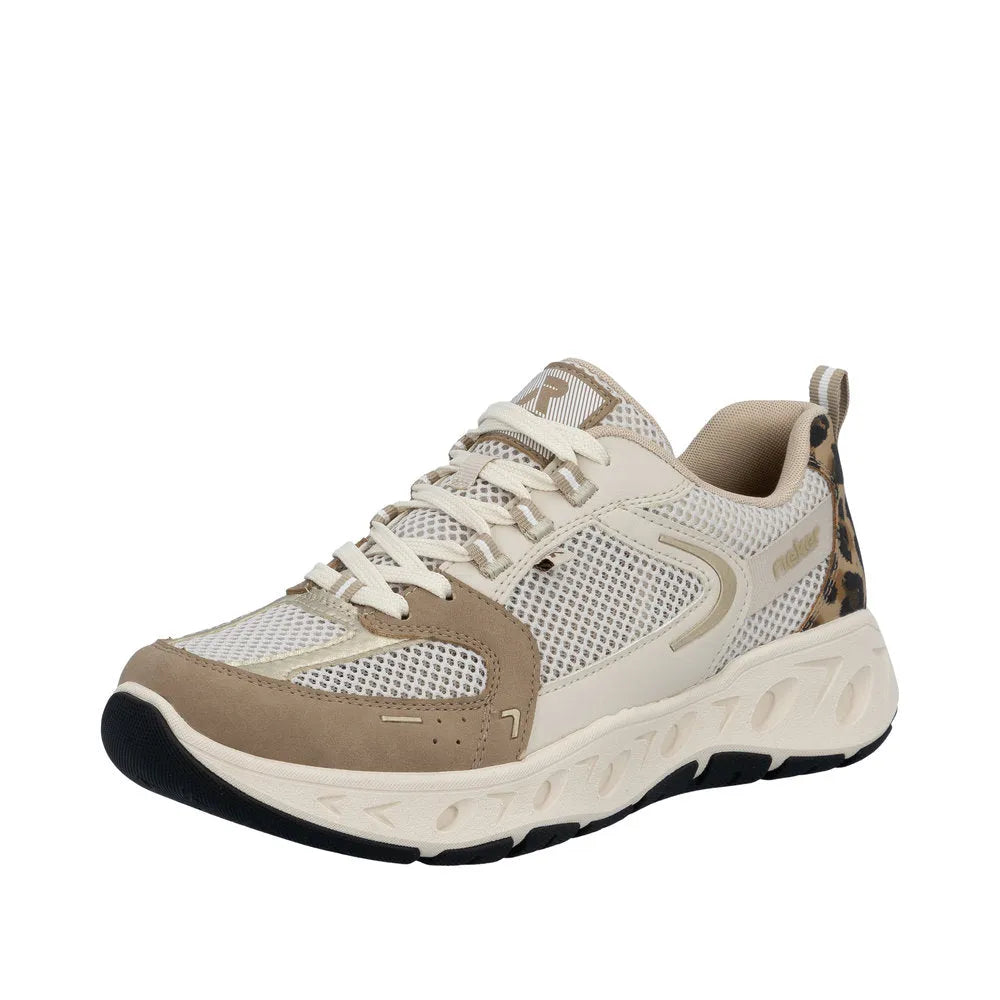Rieker M6501-60 ladies wide fit beige and brown mesh lace-up trainers with chunky sole and leopard print detail at heel.