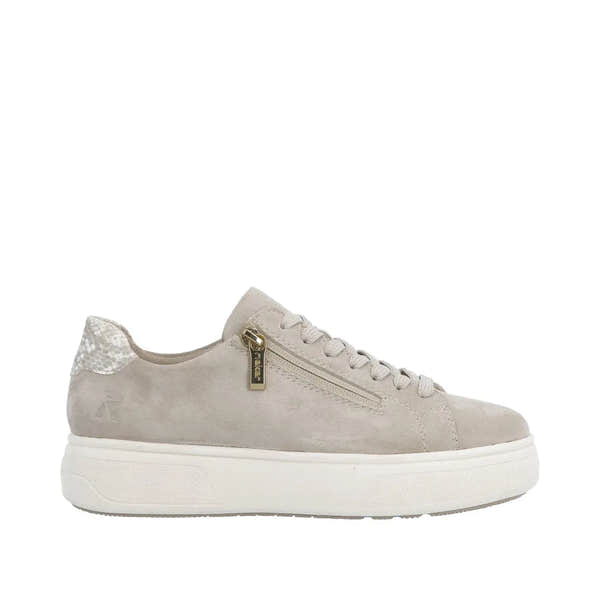 Off-white suede women's sneakers with lace-up, zipper side detail, textured heel, and chunky white sole.