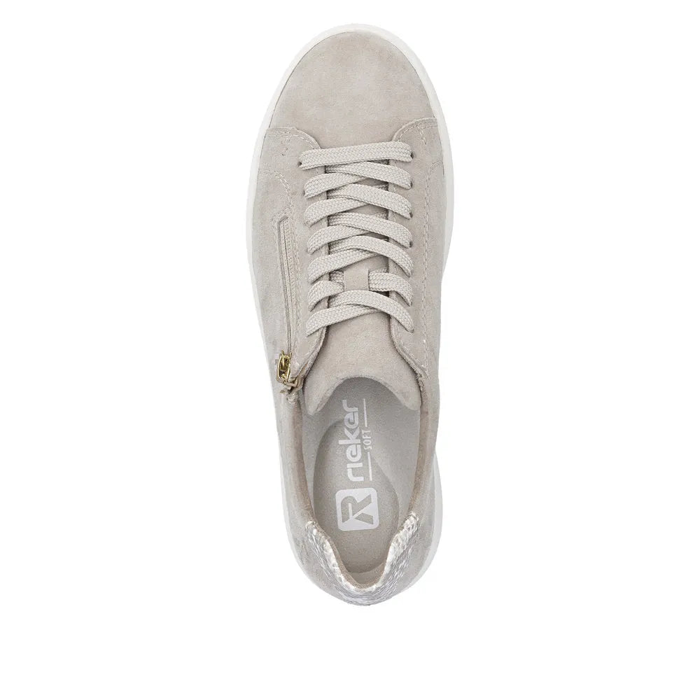 Rieker M7701-60 off-white suede women's sneakers with lace-up and zip closure, white sole, and gold zipper detail.