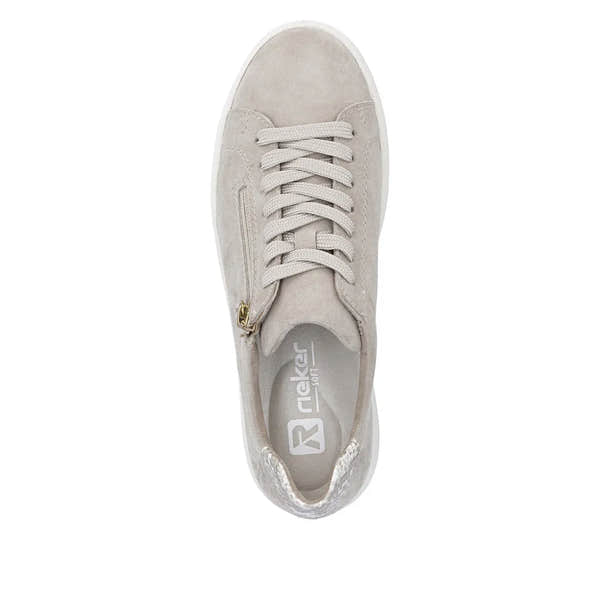 Rieker M7701-60 off-white suede women's sneakers with lace-up and zip closure, white sole, and gold zipper detail.