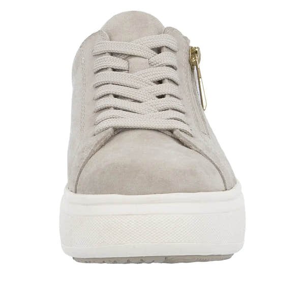 Rieker M7701-60 women's off-white suede sneaker with laces and a side zipper, chunky white sole.
