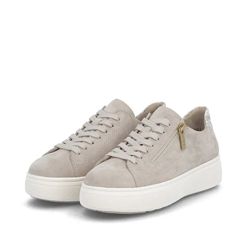 Off white suede sneakers with lace-up front, side zipper, and chunky white soles.