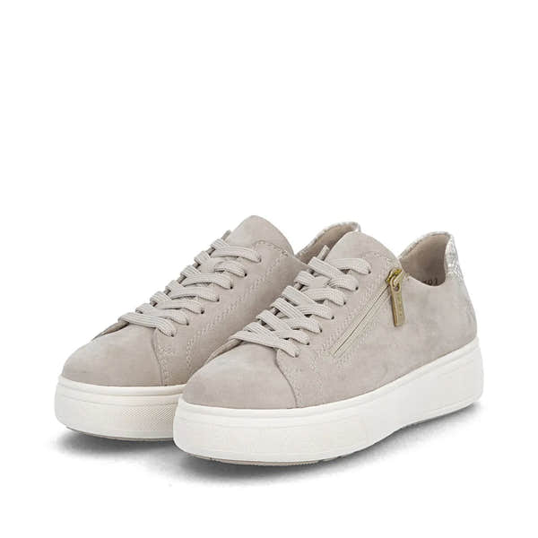 Off white suede sneakers with lace-up front, side zipper, and chunky white soles.