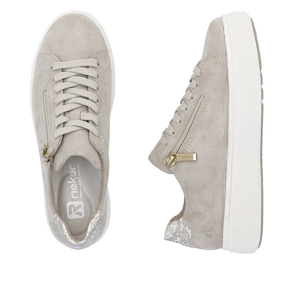 Rieker M7701-60 women's off-white suede sneakers with zip, lace-up front, and textured heel detail.
